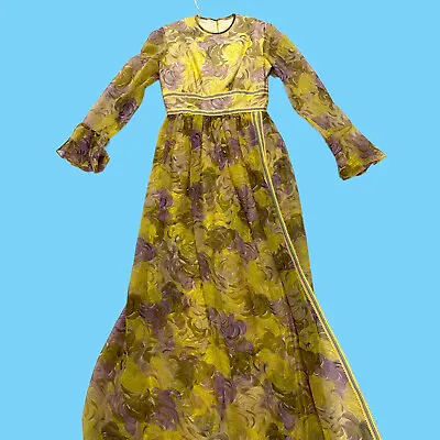 Vintage 70's Futura Couture Of New York Yellow Purple Maxi Dress W/ Legs Size 8 • $68.99