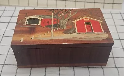 Vtg Cedar Trinket Box Hand Made And Painted Jewelry Box Covered Bridge  • $9.99