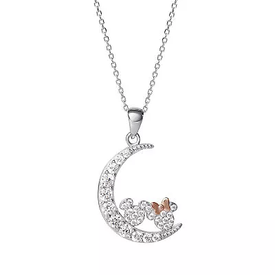 Disney Mickey And Minnie Mouse Sterling Silver Cubic Zirconia Moon Pendant Neckl • $49.99