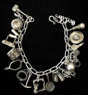 Vintage Sterling Silver Western Cowboy Outlaw Charm Bracelet 8  • $275