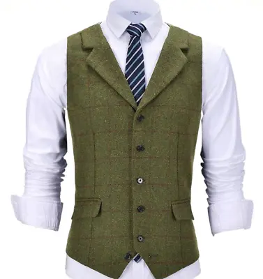 Mens Tweed Wool Vest Retro Windowpane Plaid Vintage Formal Vests M Large XL XXL • $19.99