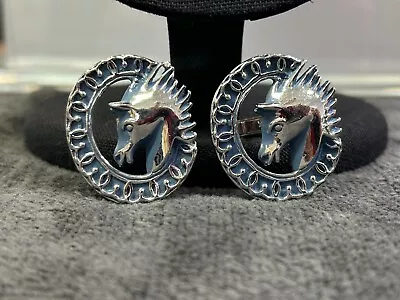 Vintage Swank Horse Head Cufflinks Silver Tone & Blue Enamel Shading Unique • $10