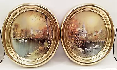 2 Vintage Homco Gold Oval Framed Church Swan Lake Wall Art Pictures #9663 • $18.99