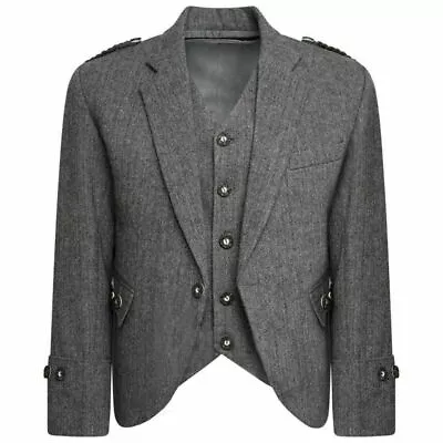 £70 • Buy Gray Tweed Argyle Kilt Jacket With Vest - Men's Tweed Wool Wedding Argyll Jacket
