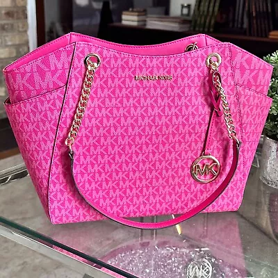 Michael Kors Jet Set Travel Large Chain Shoulder Tote MK Logo Bag Electric Pink • $99.95