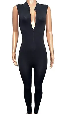 Black Ribbed Seamless Stretch Zipper Catsuit Jumpsuit Nwt Active Yoga 90s • £35.12