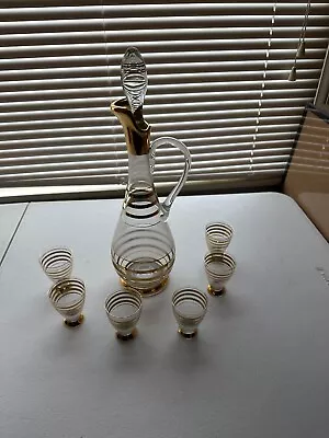 Vintage Romanian Gold Striped Decanter With Six Gold Rimmed Shot Glasses • $40