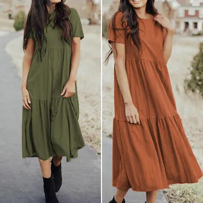 ZANZEA Womens Cotton Linen Short Sleeve Layered Loose Waist Kaftan Maxi Dress AU • $27.99