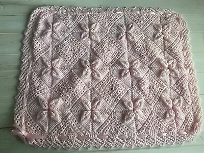 New Beautiful Hand Knitted Lined Pink Baby Blanket With Pink Ribbon • £19.99