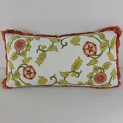 Spring Floral Embroidered Pillow Botanic 26  X 14” Fringe Boho Decor Pink Vtg • $22.95