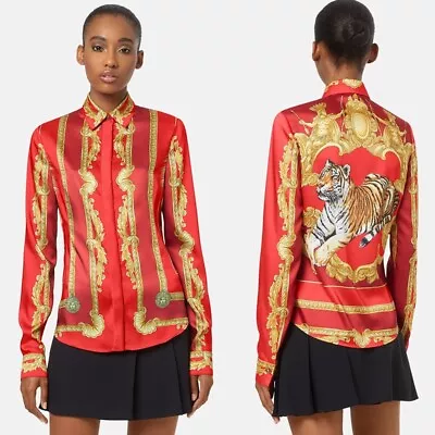 38 NEW $1575 VERSACE Red Silk LUNAR NEW YEAR Of TIGER PRINT Blouse SHIRT TOP XS • $995