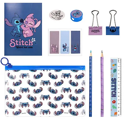 Disney Stitch 9pcs Transparent Filled Pencil Case Stationery Set Waterproof • £6.99