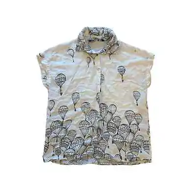 Women S Zara Basic Button Ivory Hot Air Balloon Print Blouse Top Short Slv • $16