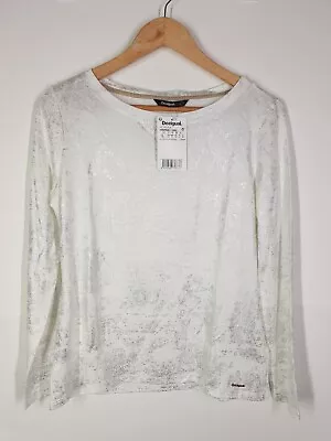 £14.90 • Buy Desigual White Silver Long Sleeve Top Blouse Shiny Sparkle Size L 14 A339