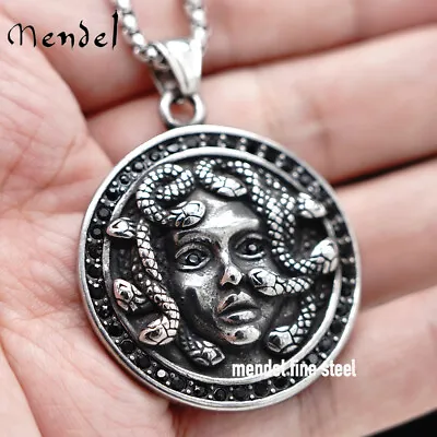 MENDEL Mens Hip Hop Black CZ Greek Medusa Snake Pendant Necklace Stainless Steel • $12.99