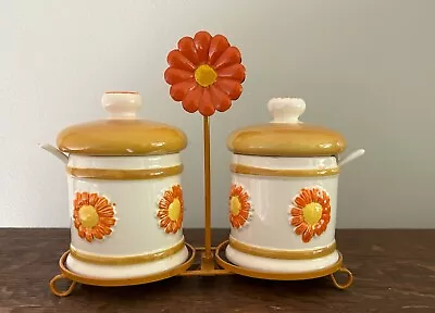 Vintage Daisy Sunflower Condiment Set With Spoons & Carrier Retro Style Kitchen • $32