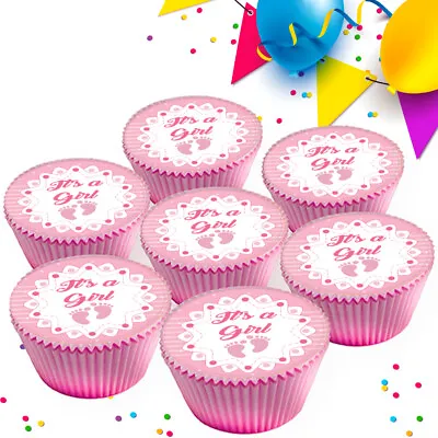 Baby Shower Pink Its A Girl Edible Cupcake Toppers Cake Decorations Bs-361 • £2.99