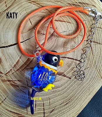 Blue Bird Hyacinth Macaw Pendant Choker Lampwork Murano Glass Cord Necklace Gift • $11.15