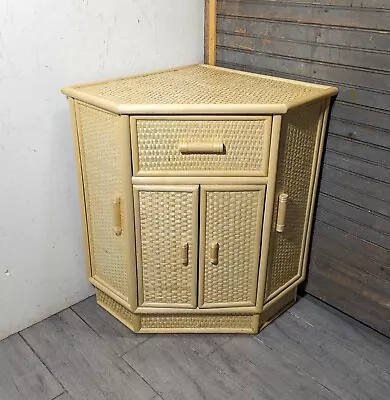 Vintage Boho Chic Cottage Wicker Rattan Corner Table Shelf Cabinet Mid Century • $270