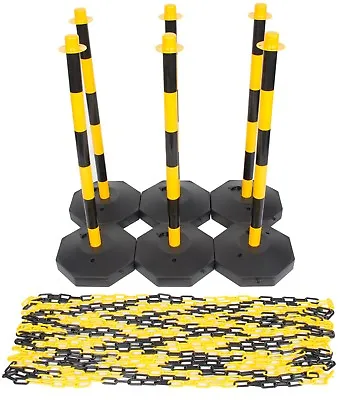 Yellow & Black Safety Barrier Security Fence Post Base Set & 15mtr Plastic Chain • £63.31