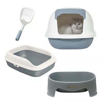 AllPetSolutions Grey Cat Kitten Plastic Litter Box Tray Toilet Hooded & Scoop • £18.99