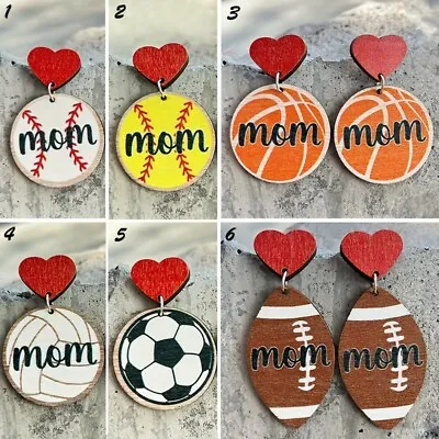 Mom Football Baseball Rugby Softball Basketball Volleyball Heart Wooden Earrings • $2.16