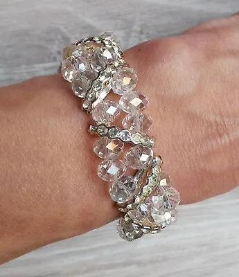 Clear Faceted Glass AB Crystal Bead & Rhinestone Stretch Bracelet 6.5  • $14