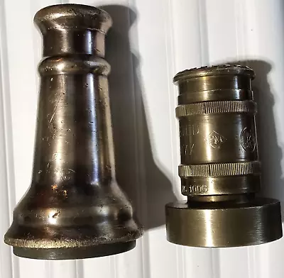Two Vintage Brass Fire Hose Nozzles 1 Full Open- 1 Spray Type Adjustable  (1595) • $62