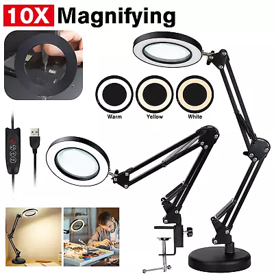 Magnifier LED Lamp 10x Magnifying Glass Desk Light Reading Lamp With Base& Clamp • $23.13