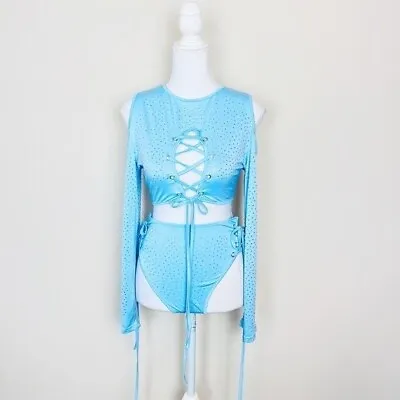 Baby Blue Rhinestone Cut Out Lace Up Long Sleeve Crop Top & Bottoms Rave Set • $45