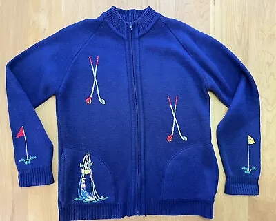 Vtg 70s Leroy Knitwear Novelty Golf Themed Cardigan Sweater Blue Large? Adult • $29.99
