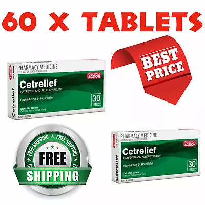 Cetrelief 60 Tablets - Hayfever & Allergy Relief - Zyrtec Generic Antihistamine • $17.98