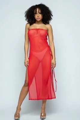 Solid Mesh Side Lace Up Cover Up Dress Red • $27.99