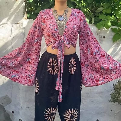 Wholesale 5 Pc Indian Vintage Silk Sari Bell Sleeve Crop Top Retro 60s Clothing • $108.87