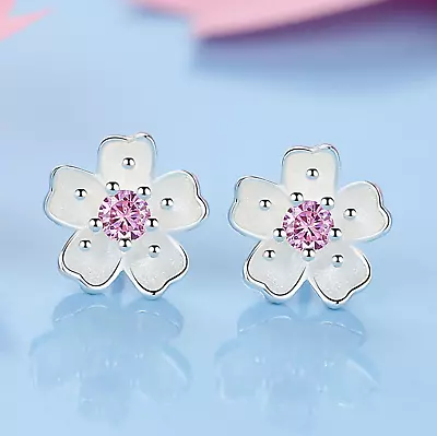 925 Sterling Silver Daisy Pink Stone Stud Earrings Womens Girls Jewellery New UK • £3.47