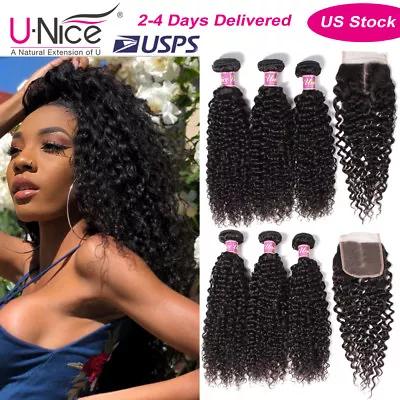 Mongolian Jerry Curly Human Hair Extensions With Lace Closure Virgin Hair Weaves • $160.47