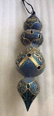 Finial Mercury Glass Christmas Ornament 10.5  Blue Frost-Sanded & Painted 4-Tier • $19.70