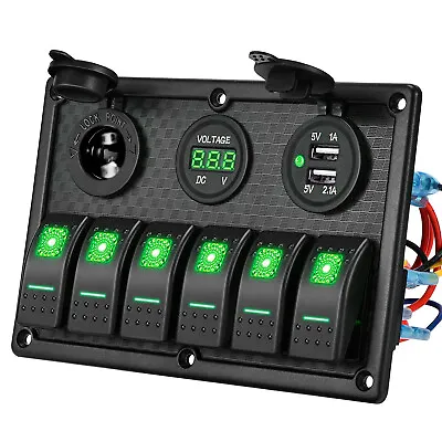 Green LED 6 Gang Toggle Rocker Switch Panel Circuit Breaker For Marine Boat Dash • $64.85