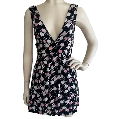 MISS SIXTY Mini Dress Black Pink Low Cut V-Neck Fit And Flare Sleeveless Size M • $19.99