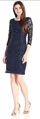 Marina Sequin Lace Navy Three-Quarter Sleeve Midi Dress - Size 12- New With Tags • $45