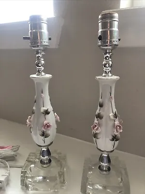 Vintage Porcelain Roses Boudoir Lamps Japan Glass Bases Pair Early Mid Century • $32.99