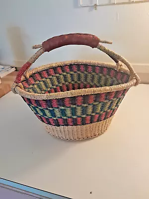 Large Hand Woven Oval Basket W/Leather Handle And Vibrant Colors 14 X12 X8 Tall • $25.99