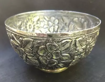 RARE VINTAGE MEXICAN STERLING SILVER J. VIGUERAS REPOUSSE BOWL W/ GLASS INSERT  • $700