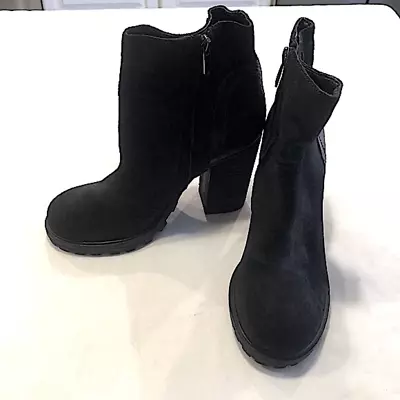 Sam Edelman Black Leather Ankle Boots Side Zip 3.5” Heel Round Toe Size 7.5 • $55