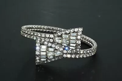 Art Deco Vtg Baguette & Round Rhinestone Twist Wrap Bangle Bracelet Bow Tie • $25
