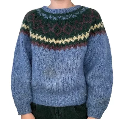 Vintage Hand Knit Mohair Fair Isle Fluffy Oversized Nordic Sweater Sz M • $41.65