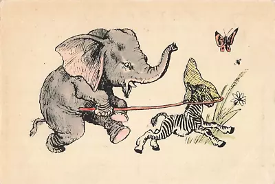Vintage Anthropomorphic Elephant Chasing Zebra Butterfly Net Insect P591 • $36