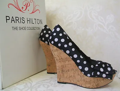 £49.99 • Buy £108  Paris Hilton Size 2 3 4 Black Blue Taupe Fushia White Polkadot Wedge Shoes