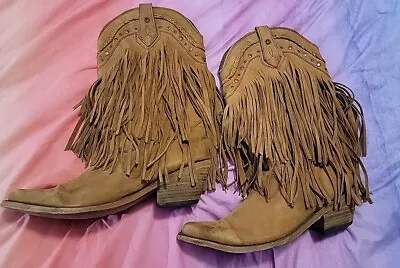 Liberty Brown Leather Fringe Cowboy Boots - Womens Size 11 - Style LB71124 • $85
