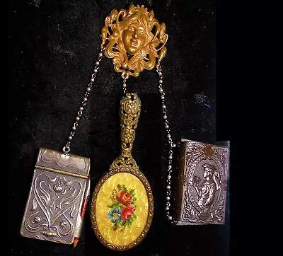 LARGE Victorian Pastime Letter Writing Antique Copper CHATELAINE Medusa Brooch + • $444.90